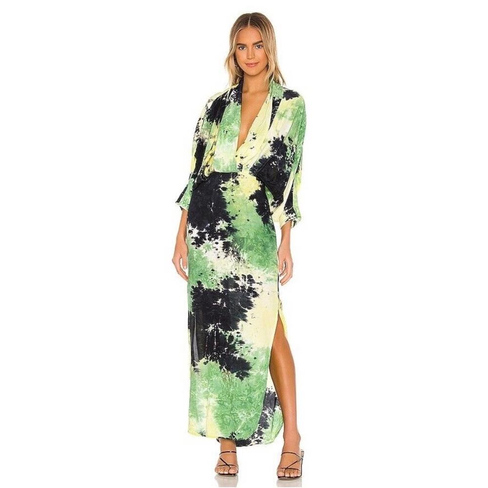 S/W/F Medium Tie Dye Maxi Dress Spell Green Blue Draped Blouson 3/4 Sleeves
